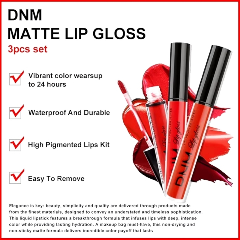 Matte Color Lip Gloss 3 pcs Set Red - Picture 2 of 4